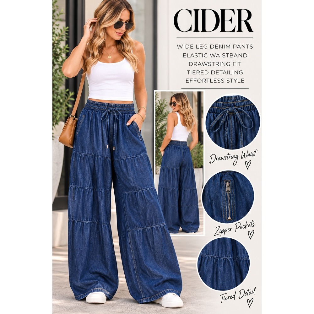 Cider Wide Leg Denim Pants Blue Tiered Elastic Waist Drawstring Pockets S NWT